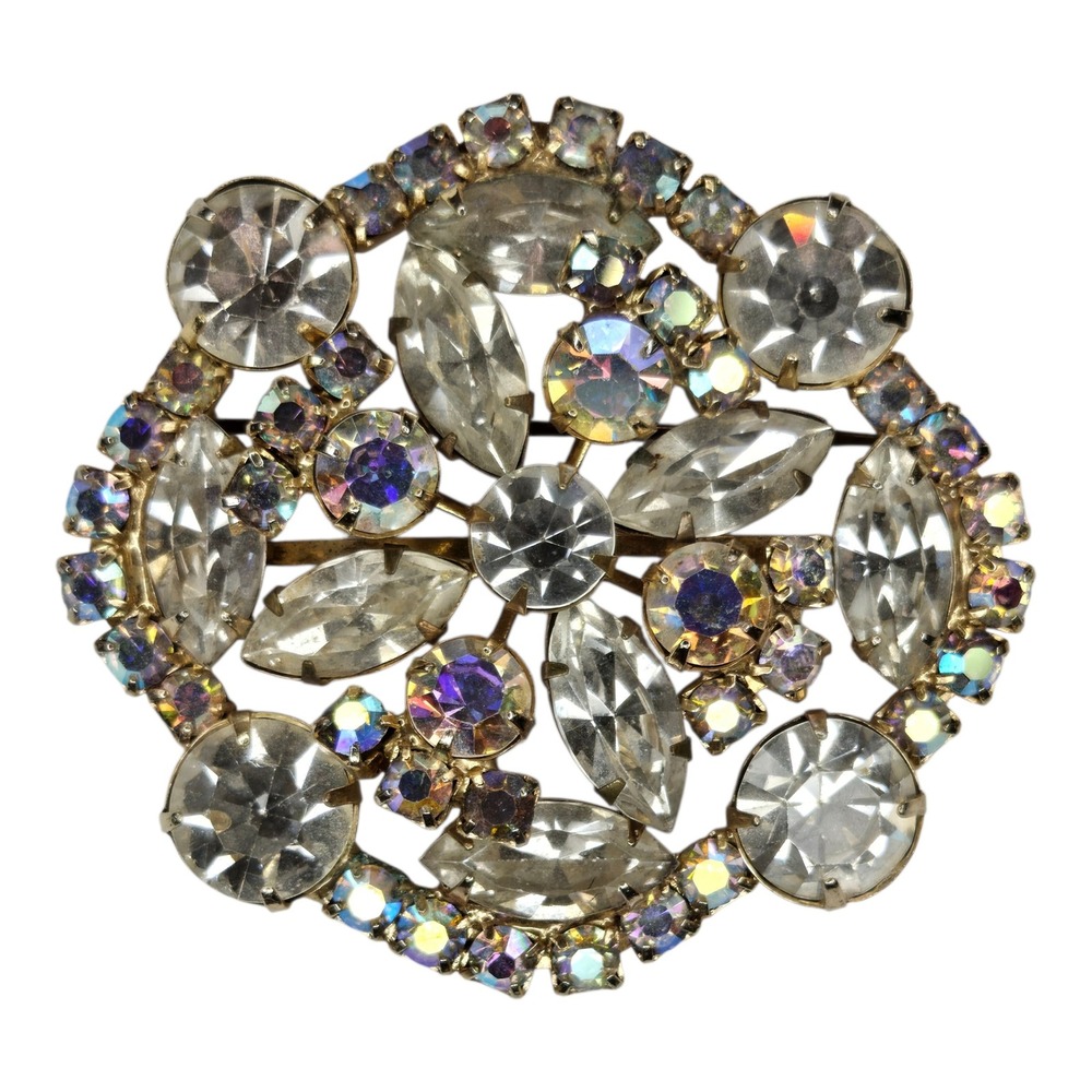 Vintage Brooch Pin Rhinestone‎ Gold Tone Multicolor Aurora Borealis Sunburst